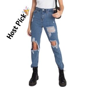 Hi rise straight leg destroyed jeans